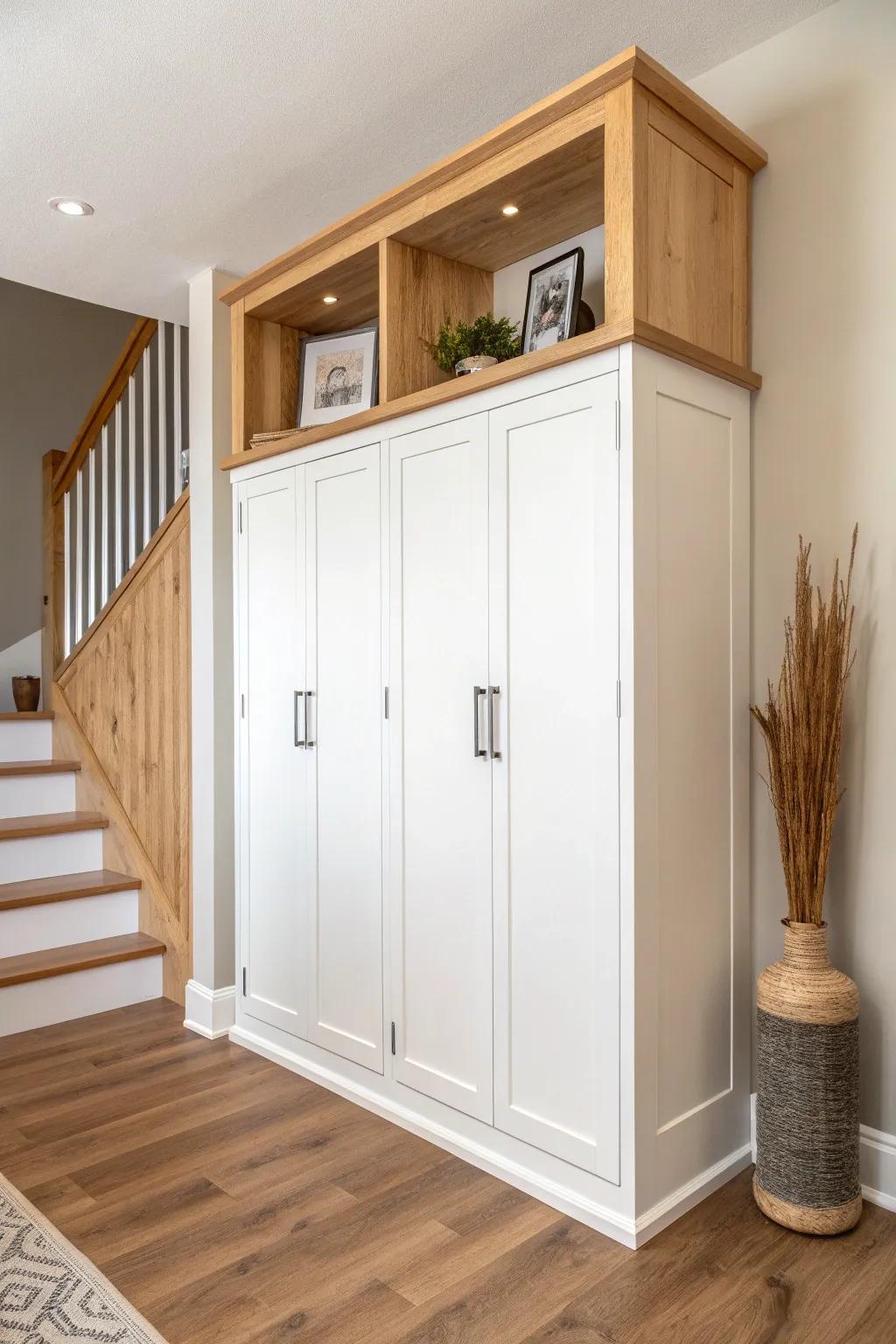 Upcycled kitchen cabinet turned basement built-in—custom trim + oak top for a seamless look.