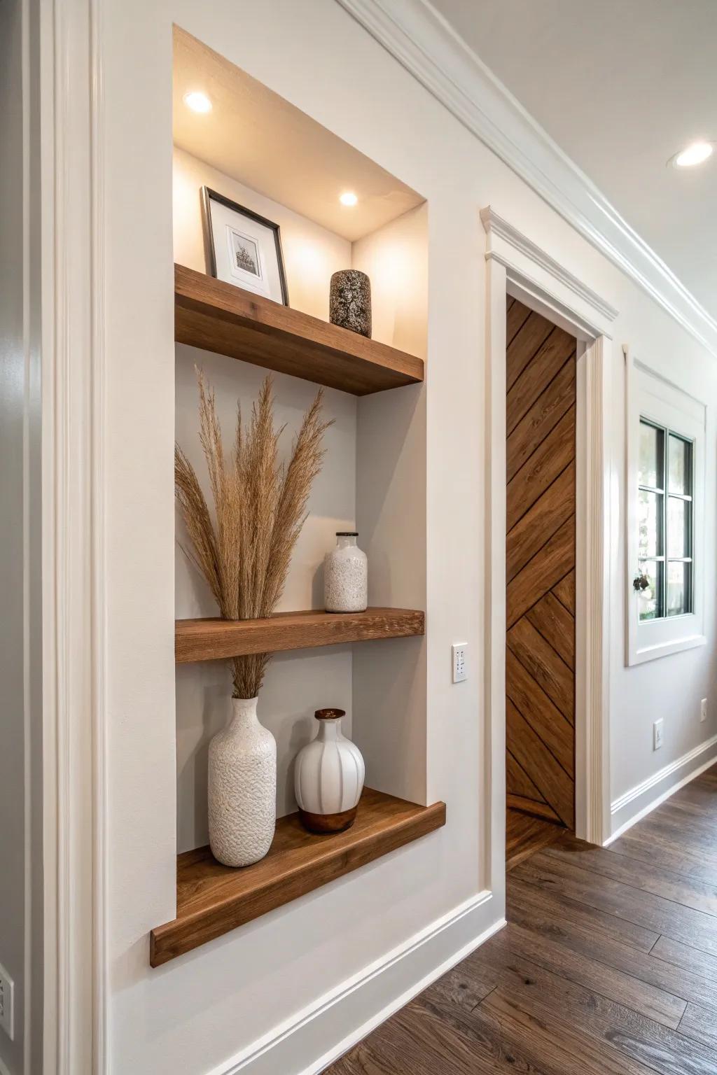 Recessed oak niche shelves add display space without stealing hallway width—perfect basement upgrade.