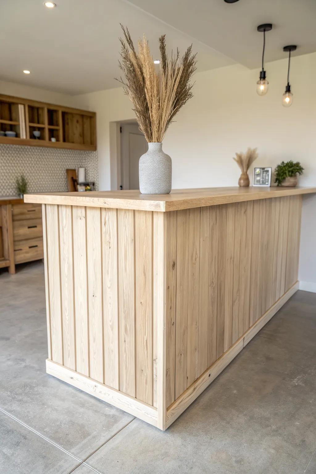 Plank-paneled island sides add clean farmhouse charm—budget-friendly, custom-looking, and bright.