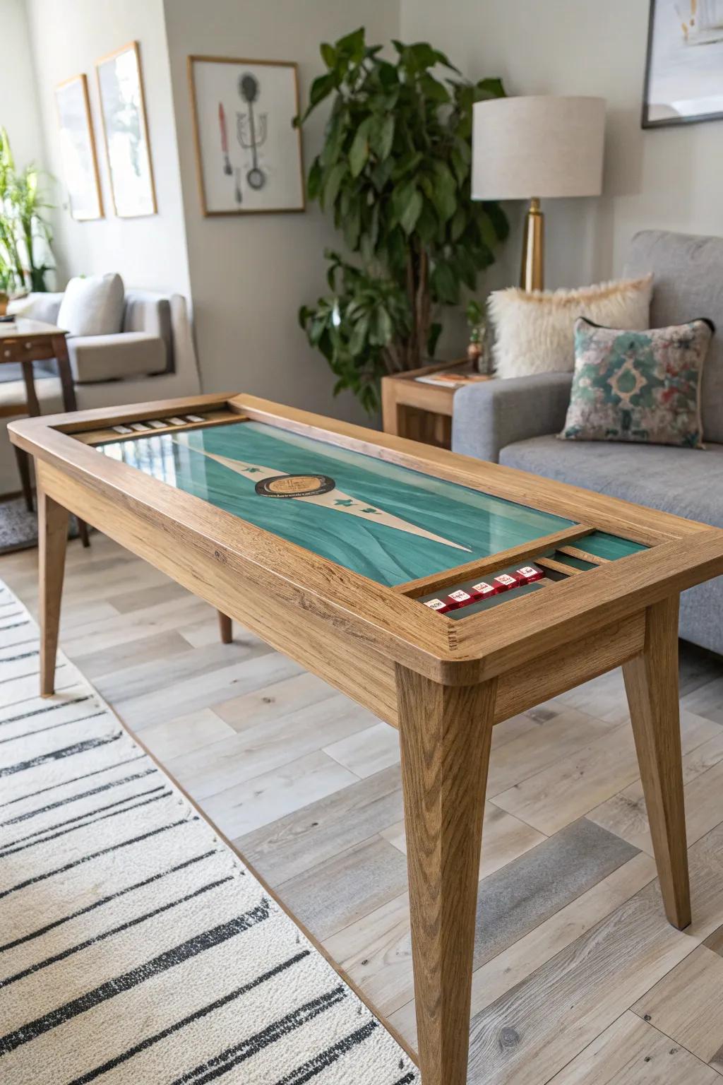 A resin river game table with brass scoring inlays—minimal, warm, and a true basement centerpiece.