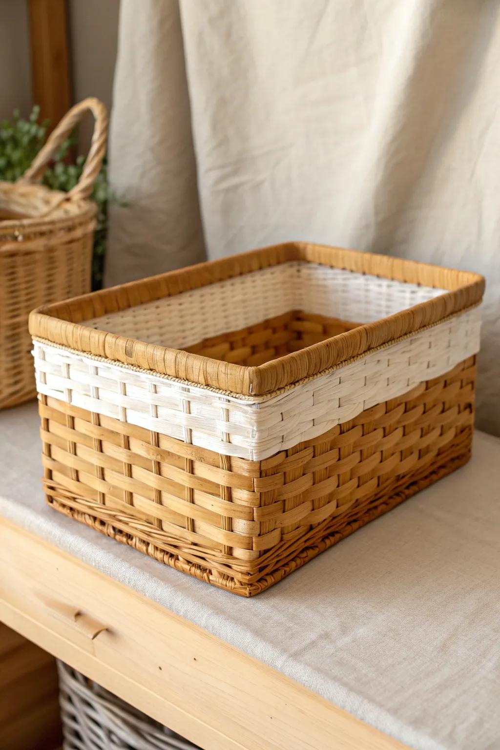 A single color-blocked basket brings calm, uniform style to even the fullest shelves.
