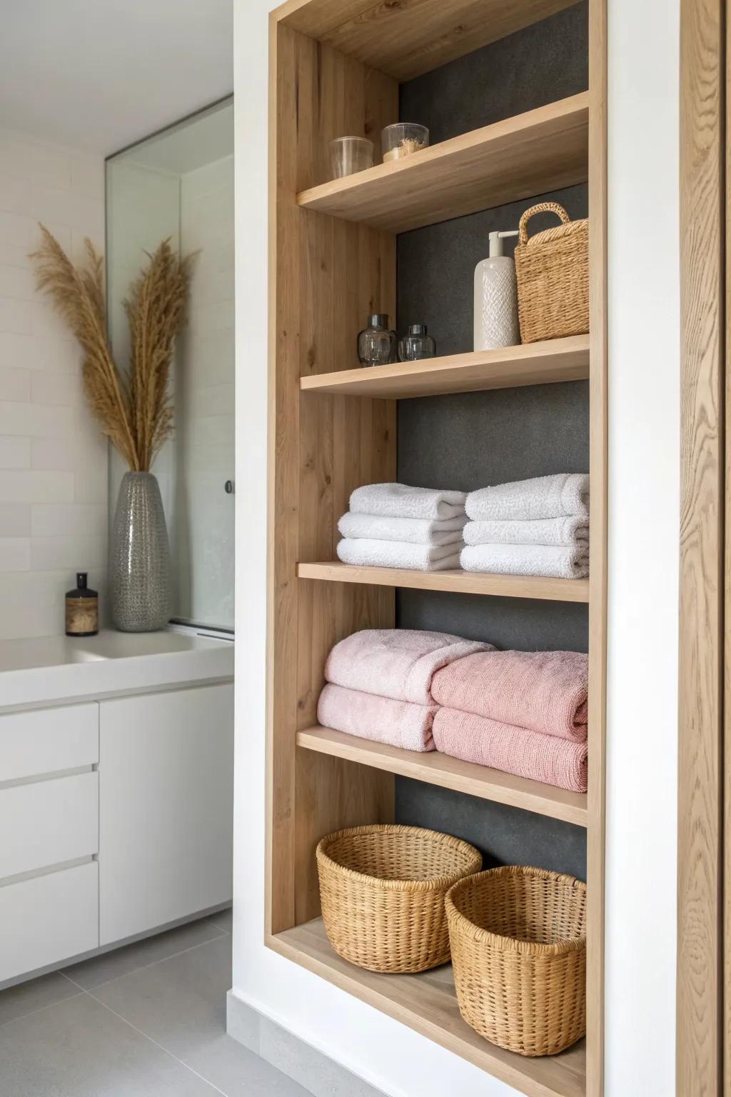 Airy open linen shelves in light oak, styled with white towels and matching woven bins.