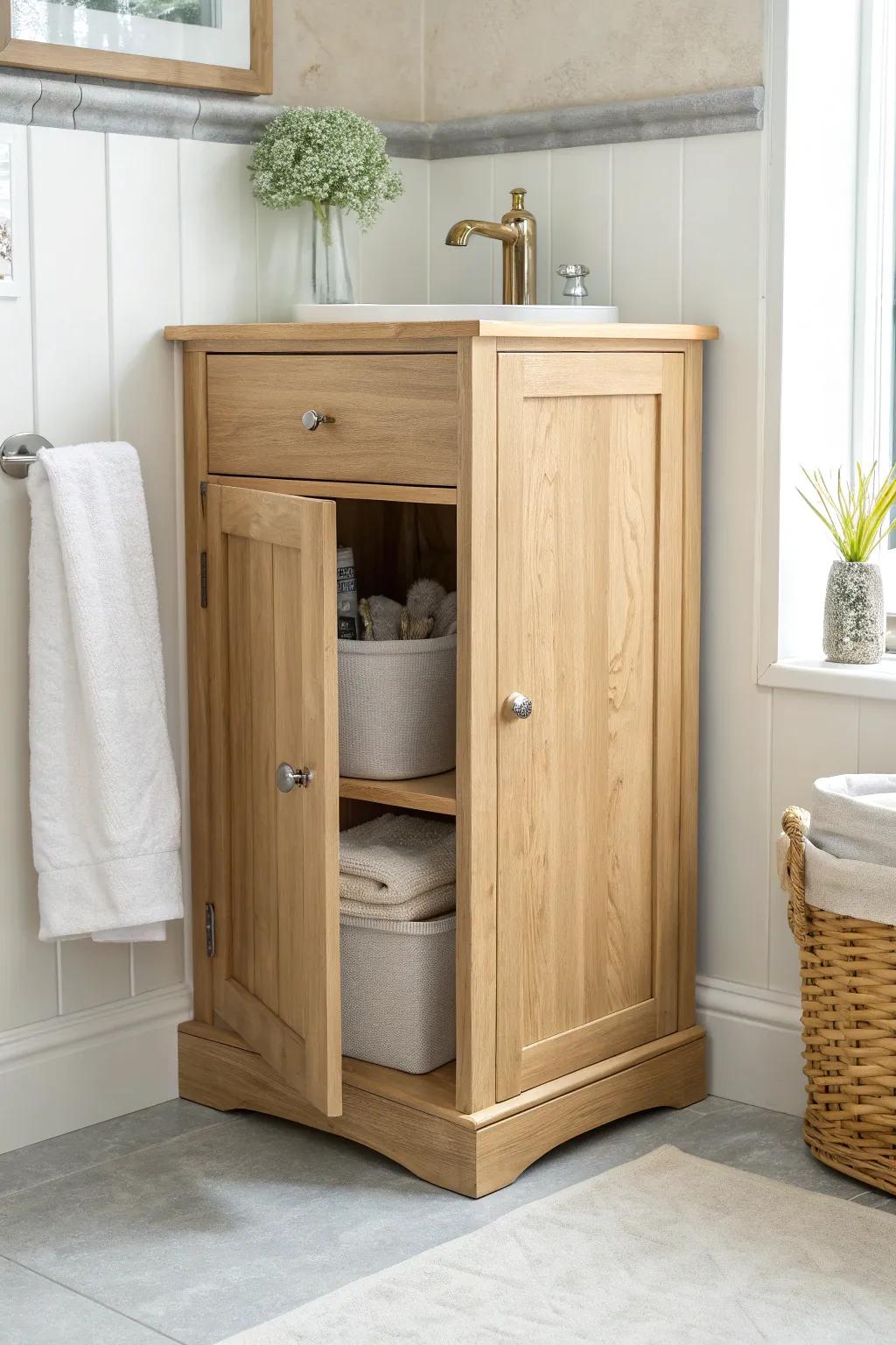 A sleek oak corner cabinet with a hidden tilt-out hamper—beautifully tidy and space-smart.