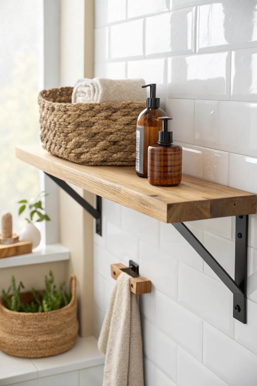 Warm oak floating shelf with matte black brackets—industrial clean lines, soft boho texture.