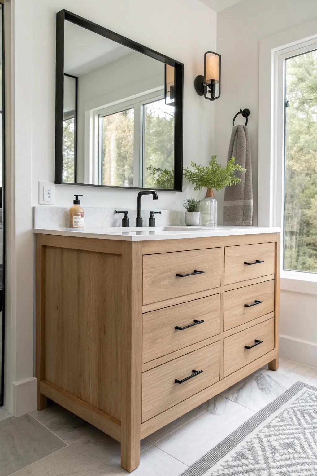 Double-sided drawers on a bathroom island keep shared routines calm—and storage conflict-free.