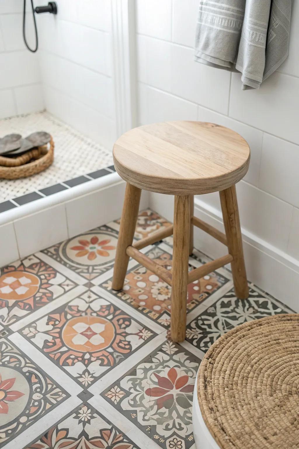 Tile-look laminate brings bold vintage pattern to your bathroom—zero grout, all style.