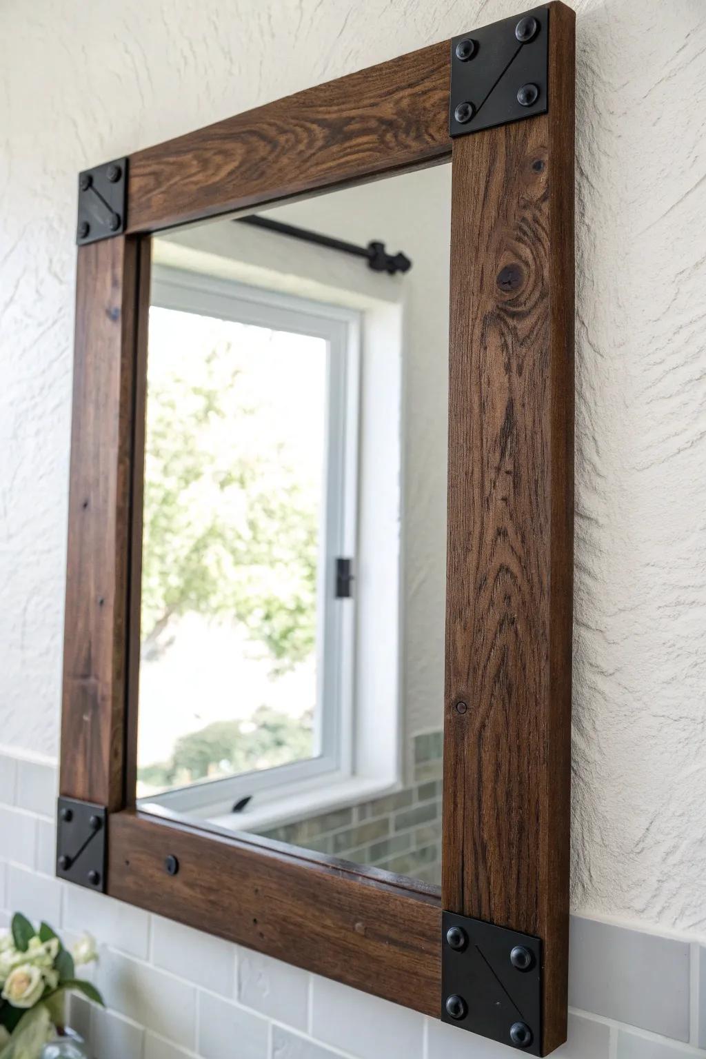 Dark walnut mirror frame with matte black corner brackets—industrial edge, warm rustic charm.