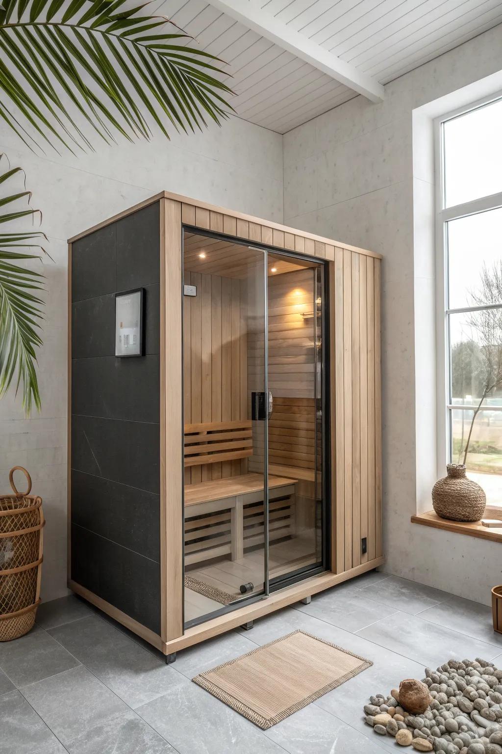 Dark wood sauna behind clear glass—moody craftsmanship set inside a bright, minimal bathroom.
