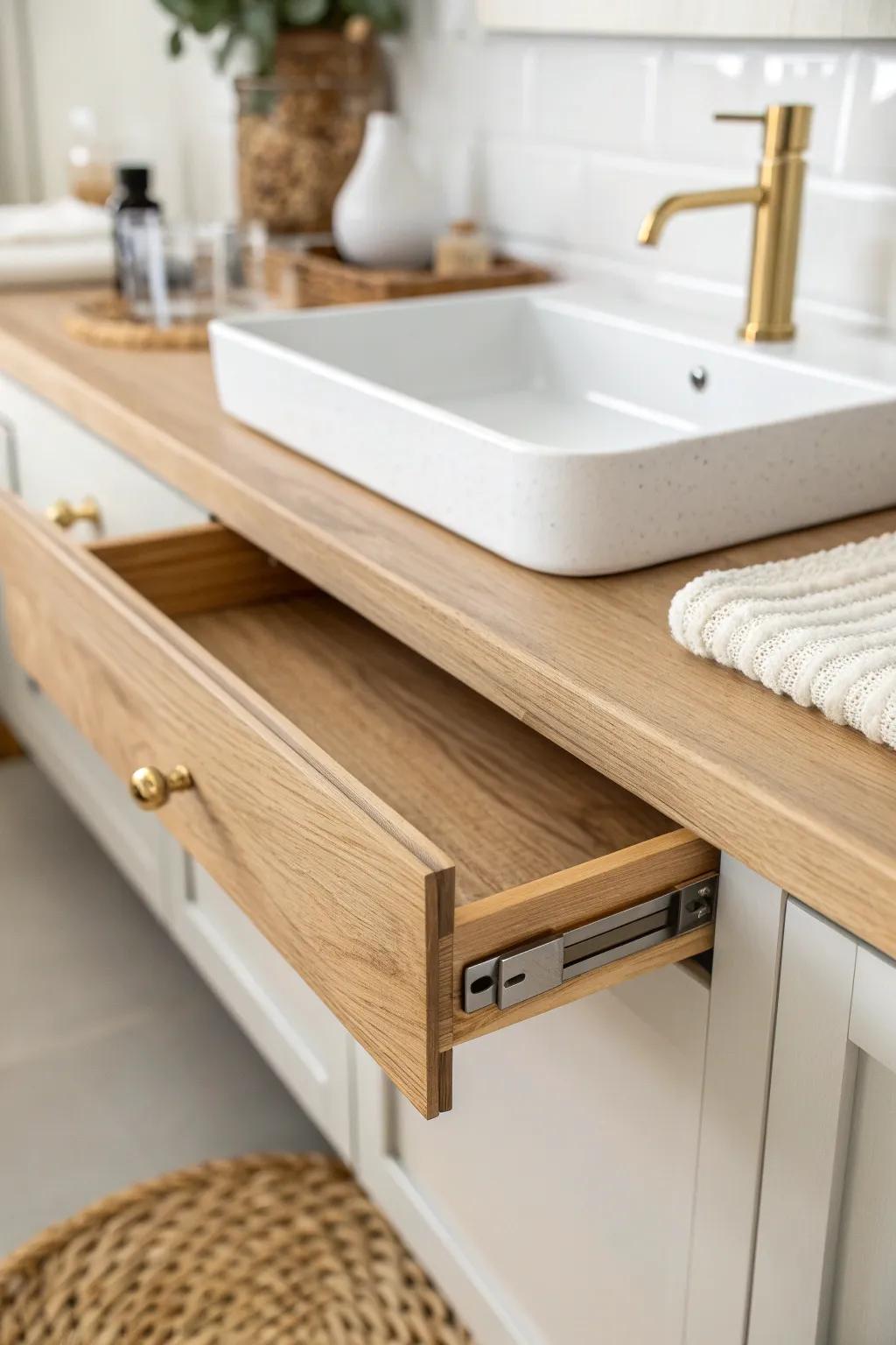 A hidden flip-down oak tray under the sink lip—instant extra counter space, zero clutter.