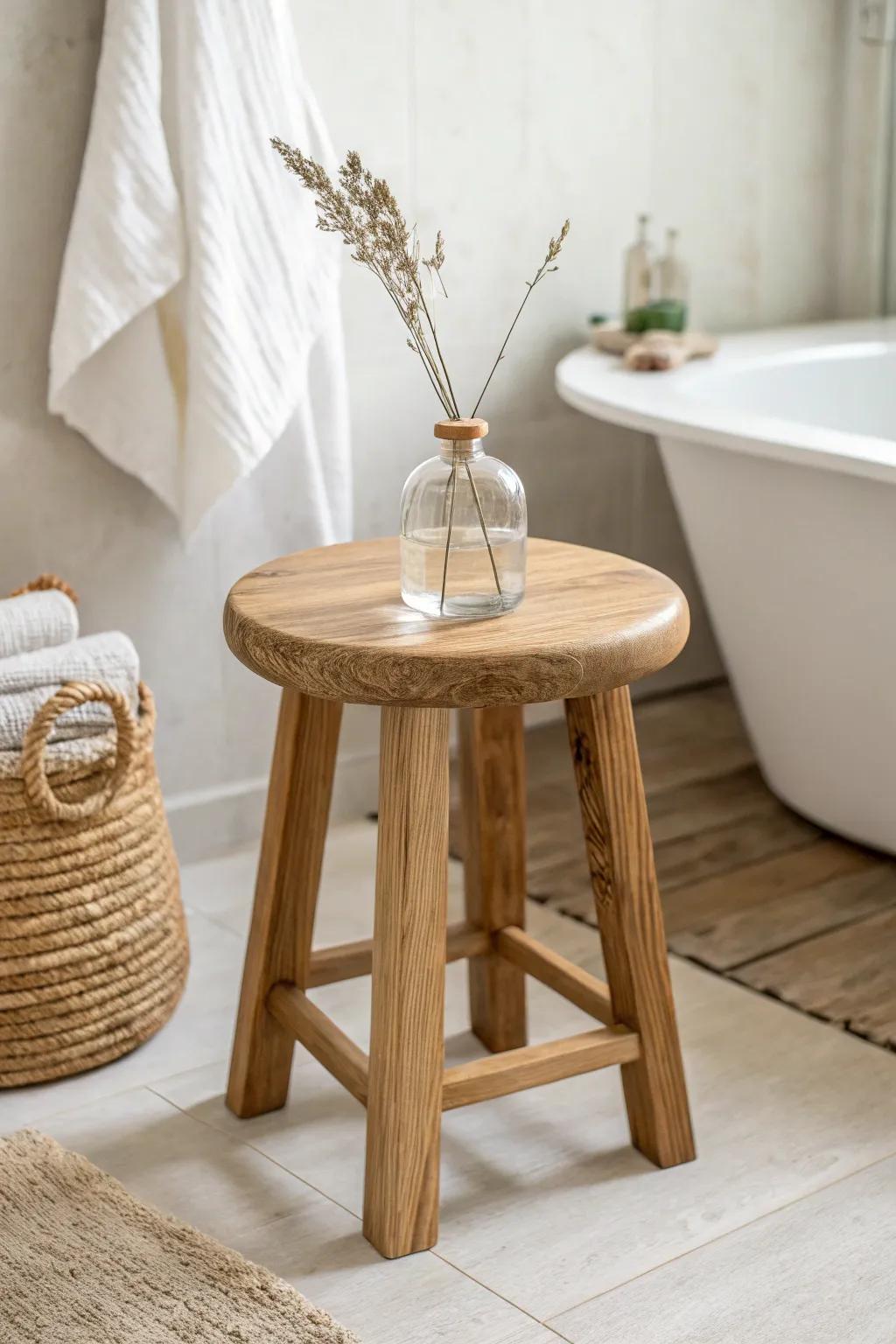 A tiny seasonal moment: one stem on a wooden stool keeps bathroom decor calm and curated.