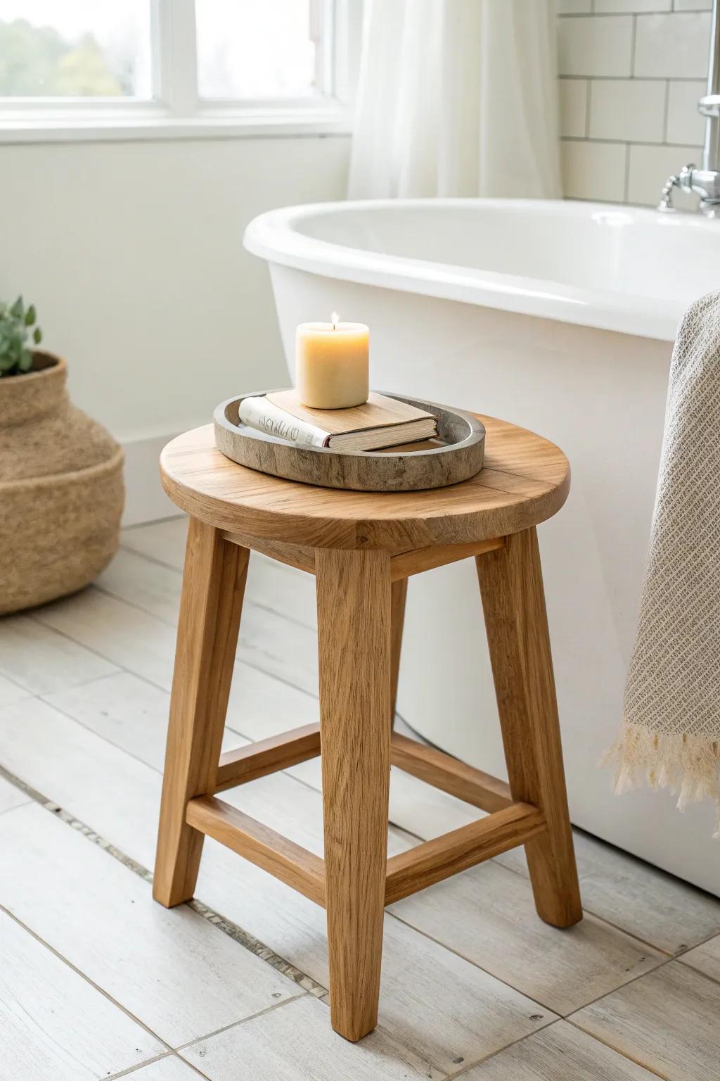 A simple wood stool becomes a chic bathroom side table—just add a tray for tub-time essentials.