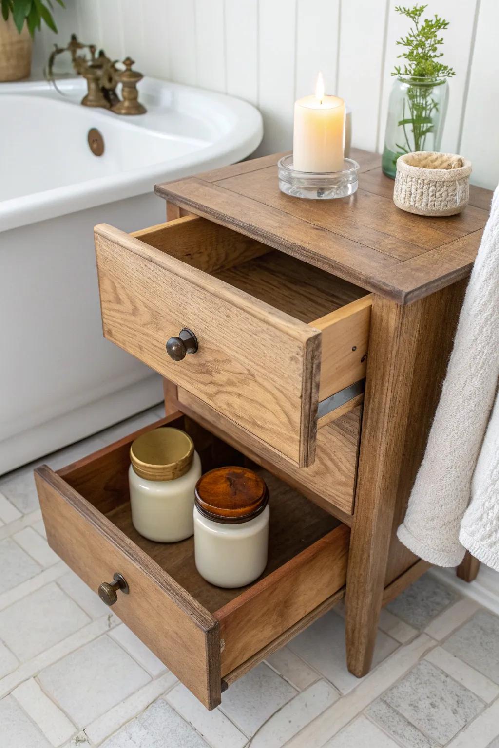 Vintage drawer side table: a charming bathroom tray for candles and amber jars—tidy and warm.