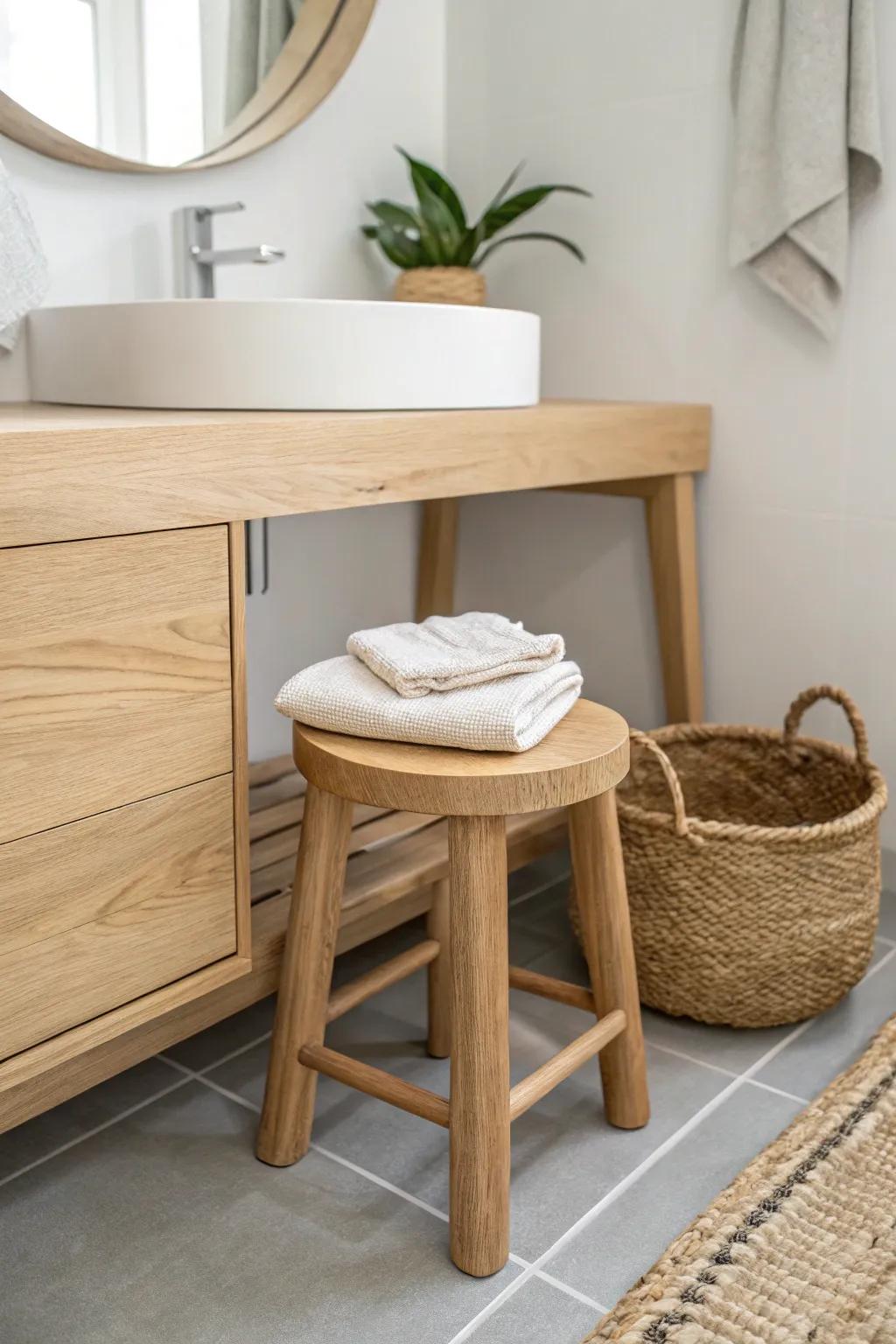 A low wooden stool by the vanity adds warmth—and the perfect spot for a basket or robe.
