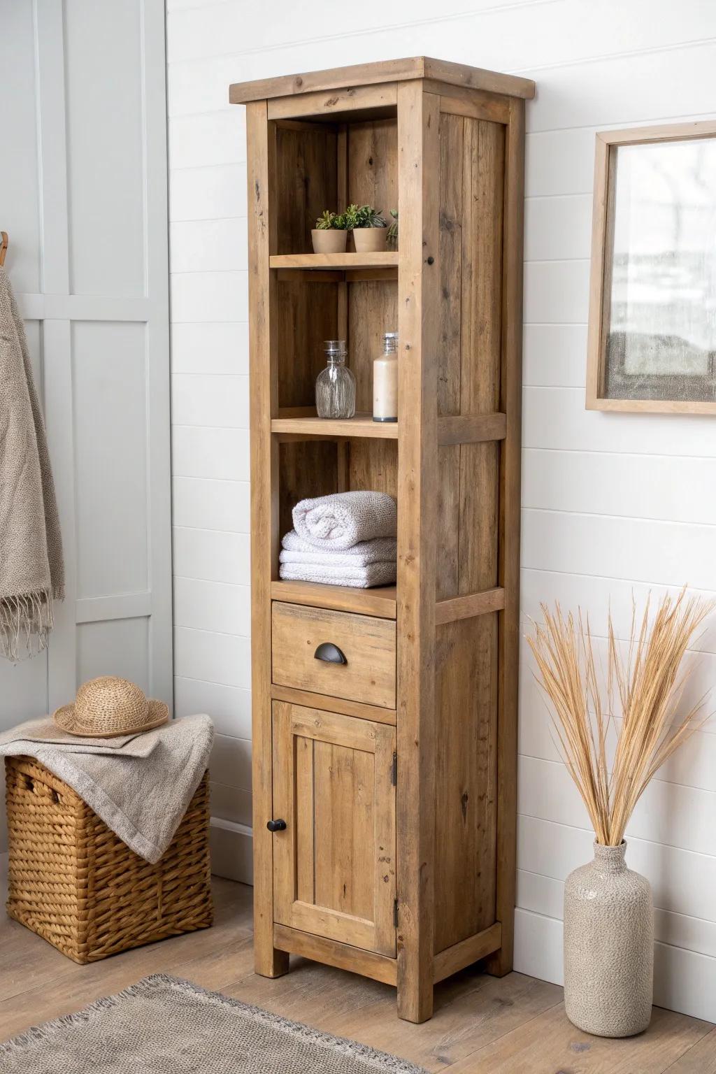 Reclaimed wood vanity tower with knots and saw marks—minimal, warm, and beautifully rustic.