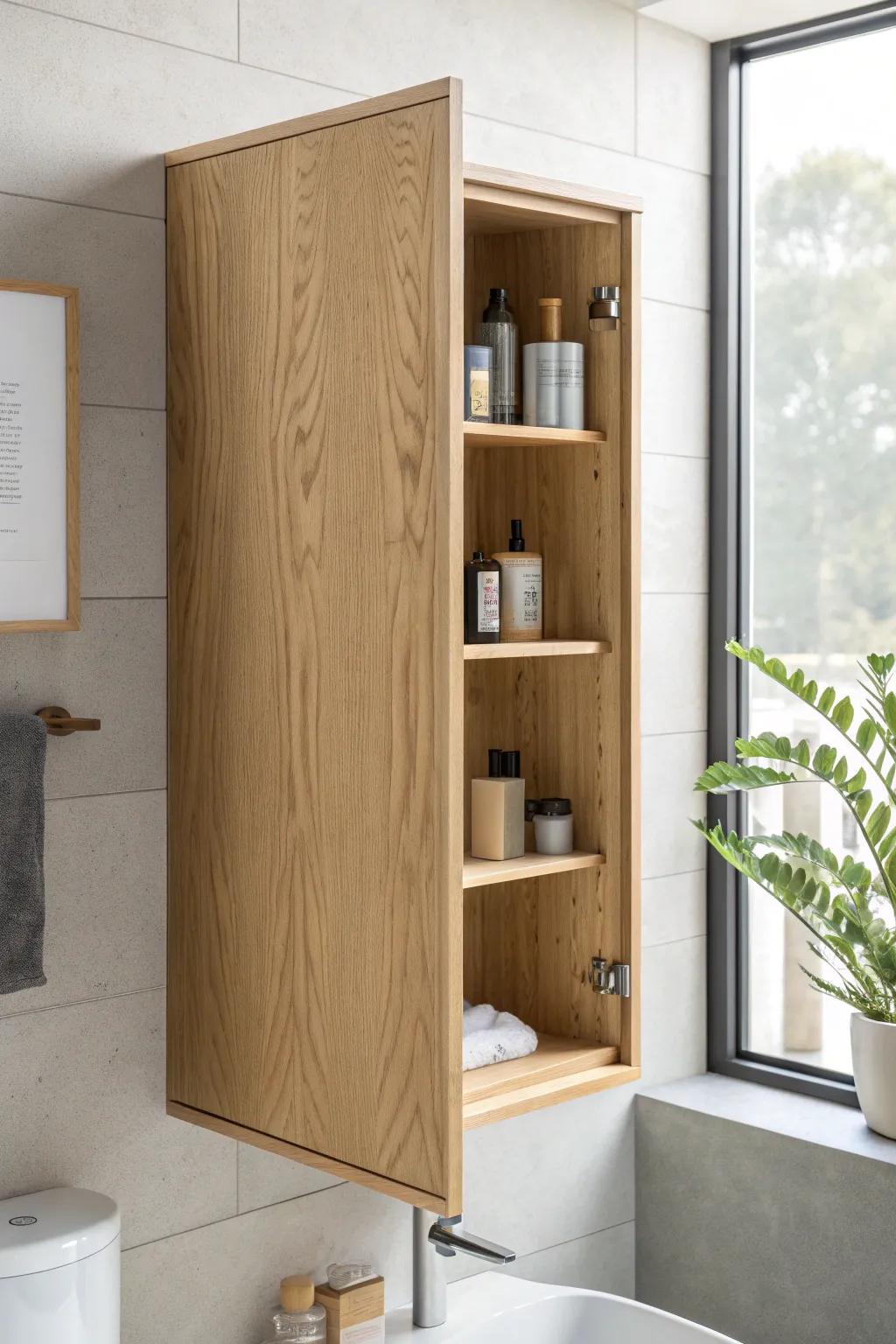 Ultra-shallow oak uppers add grab-and-go storage above the vanity—perfect for tiny baths.