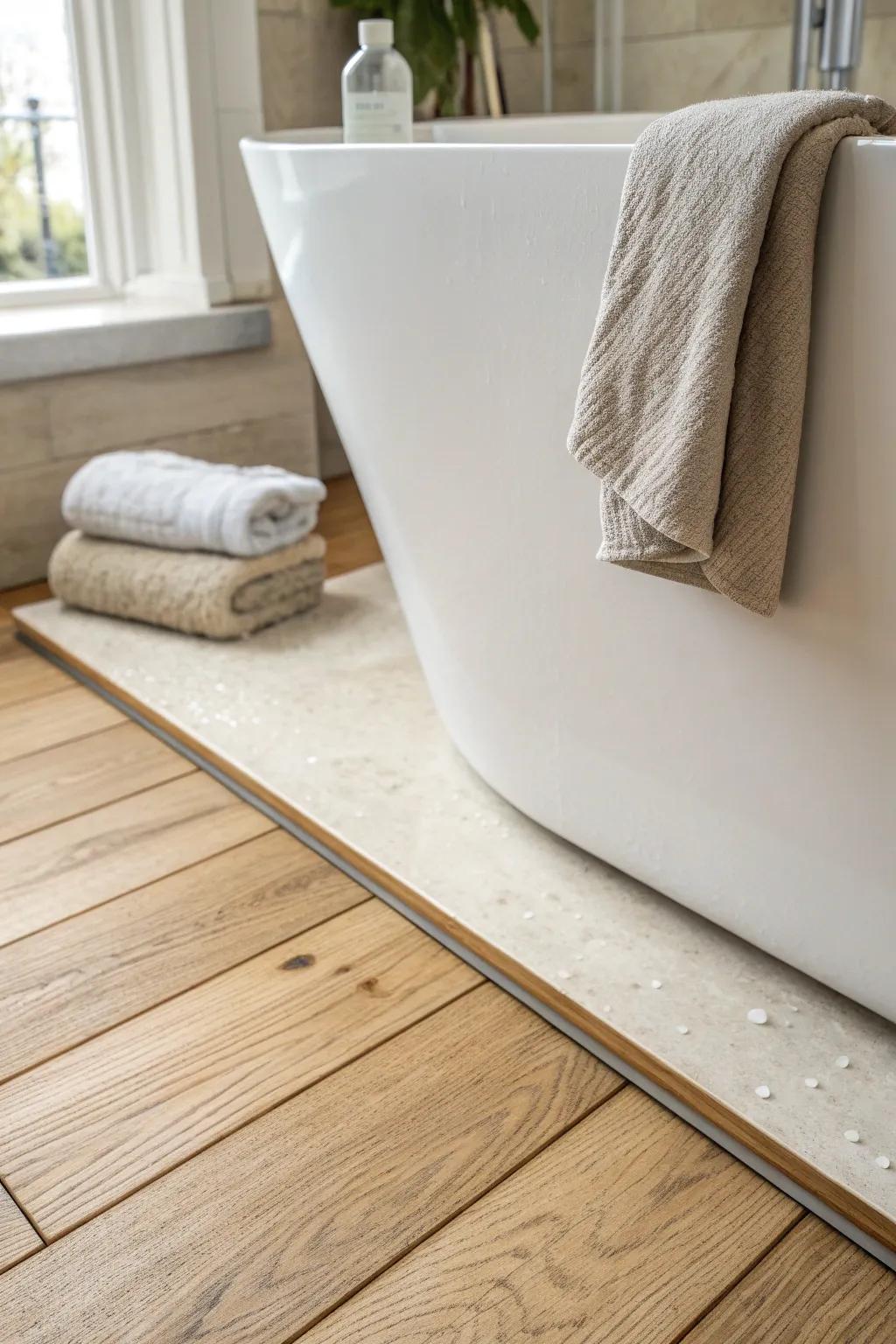 Slim stone threshold at the tub edge hides the gap and handles wet feet with effortless elegance.