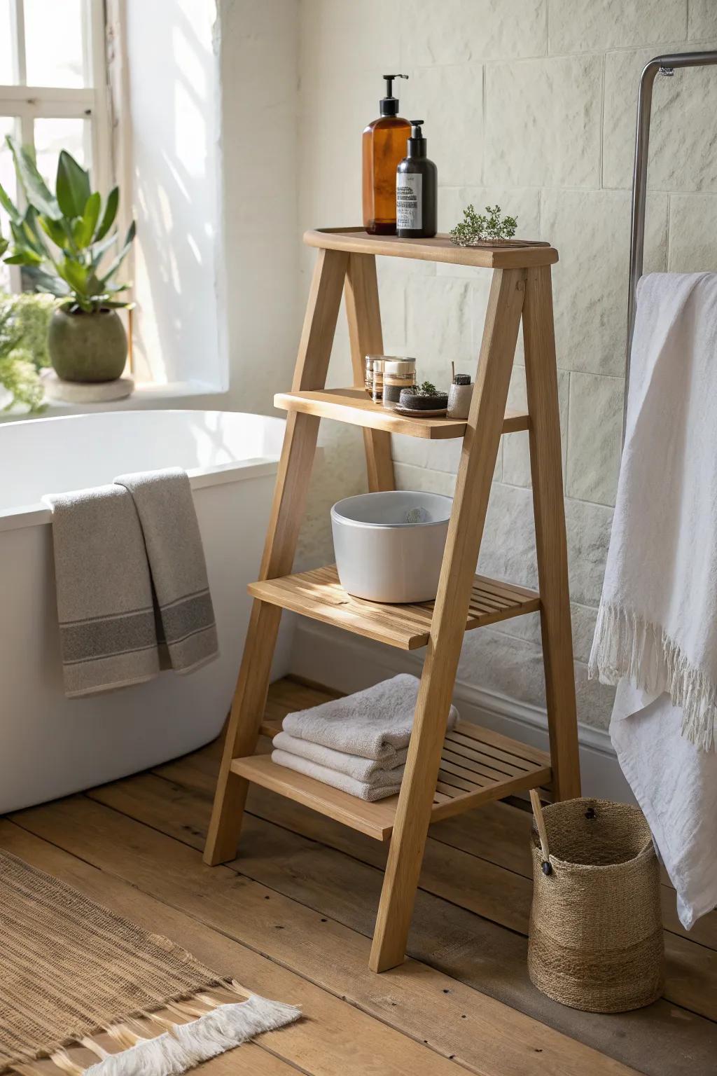 Mini leaning ladder side table: vertical storage that keeps towels and bottles off the floor.