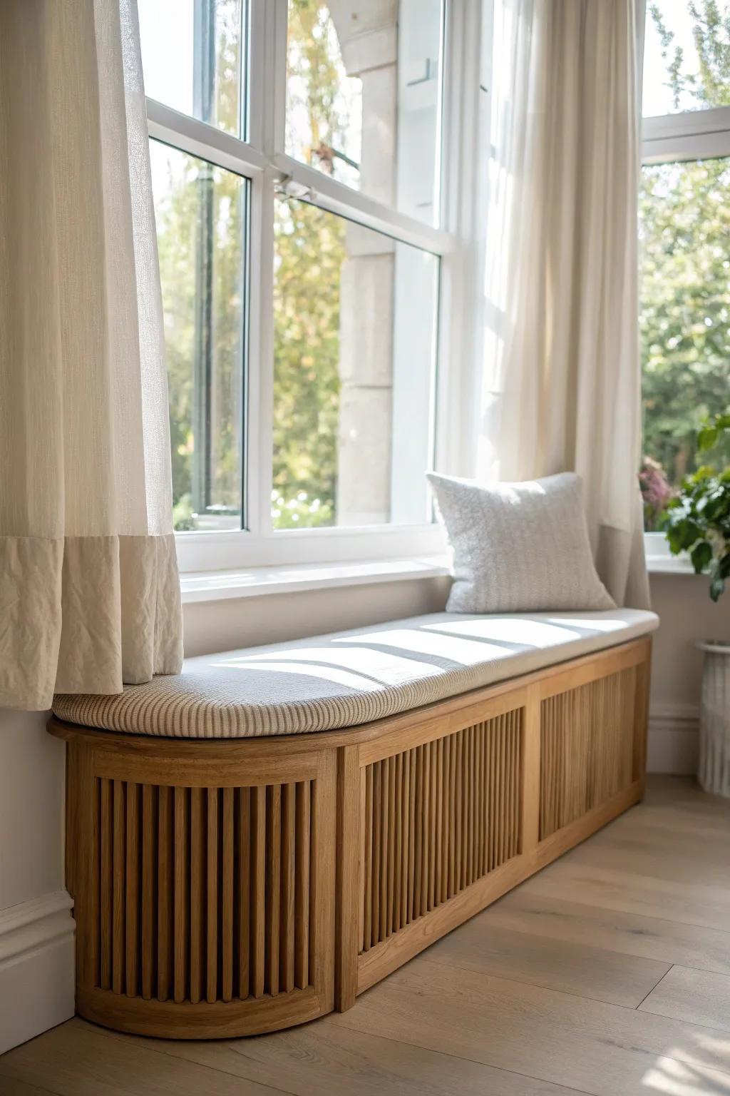 Airy bay window bench with slatted front—radiator friendly, handcrafted, and beautifully minimal.