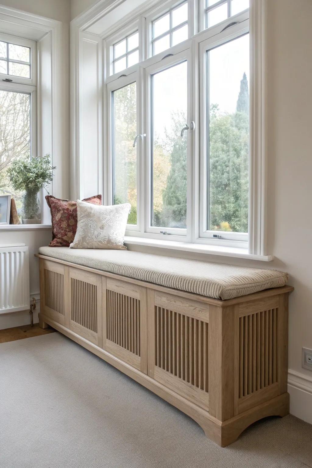 A slatted radiator-cover window seat that adds warm oak seating without blocking heat.