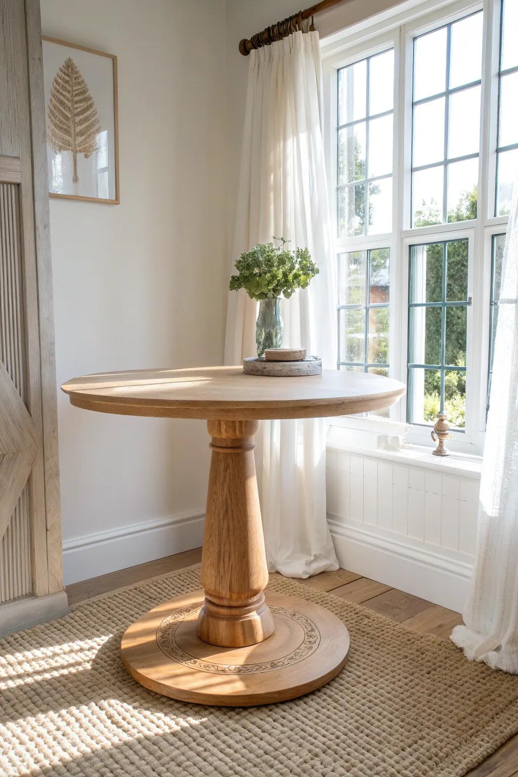 Chunky pedestal bay-window table with a hidden storage panel—minimal, warm, and practical.