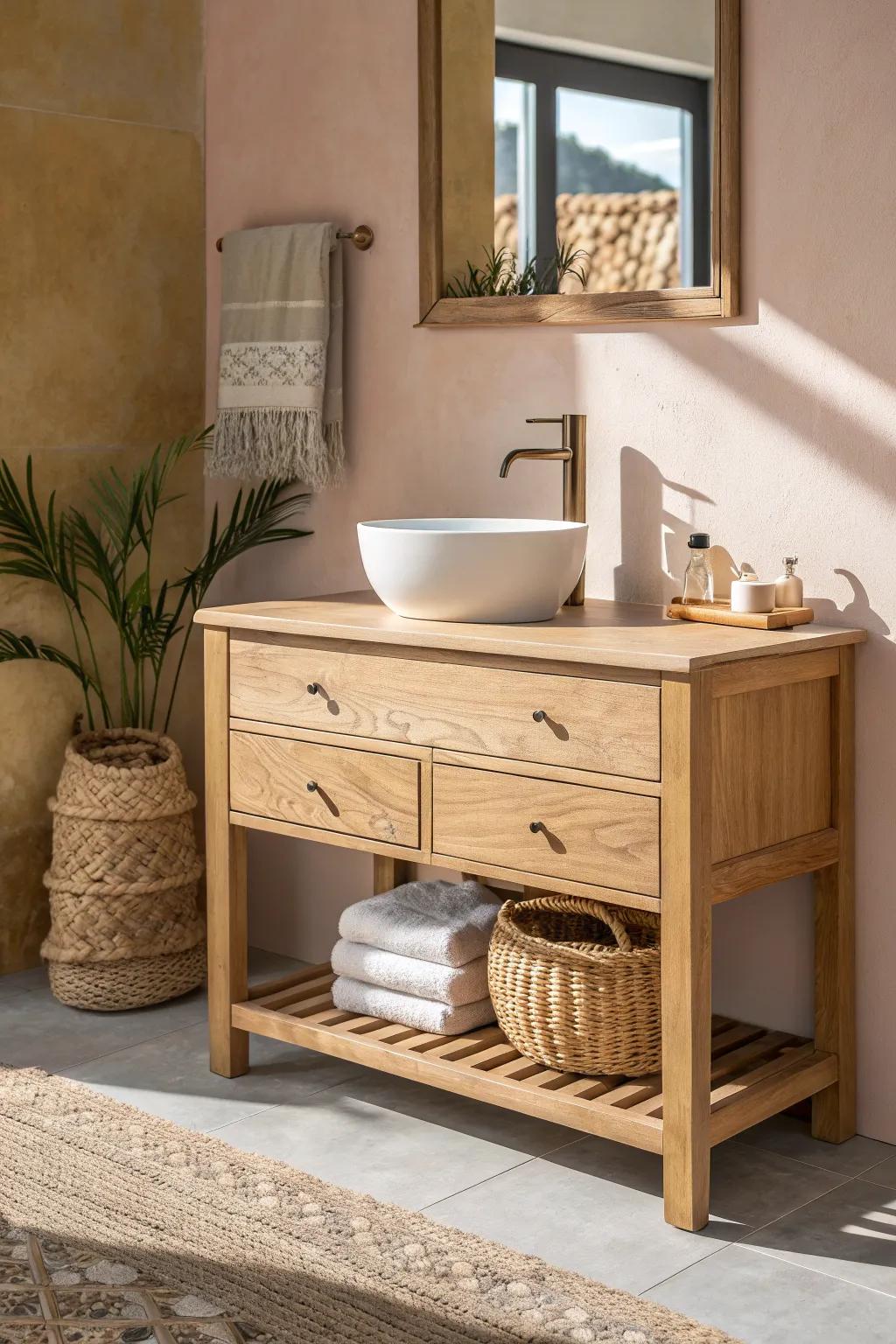 Sandy-peach accent wall + light oak vanity: a golden-hour glow for beach cottage calm.