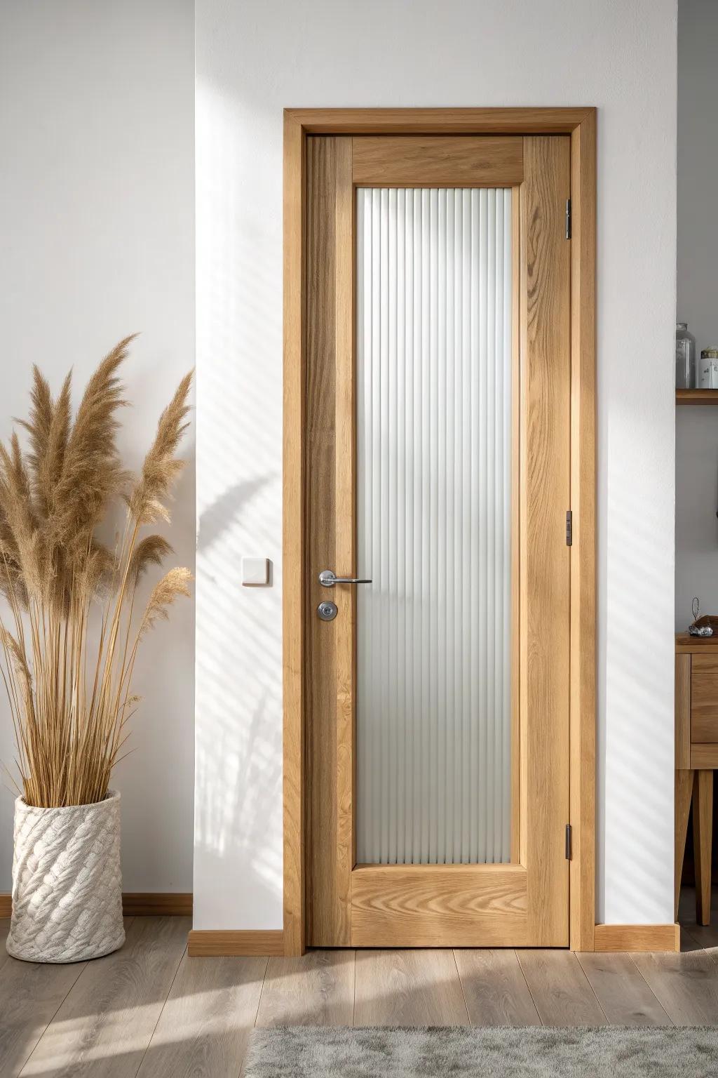 Reeded glass in warm oak brings privacy and a soft glow—clean, crafted, and timeless.