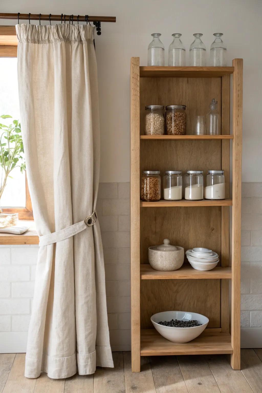 Hide pantry clutter beautifully with a simple linen cabinet curtain for a soft, finished look.