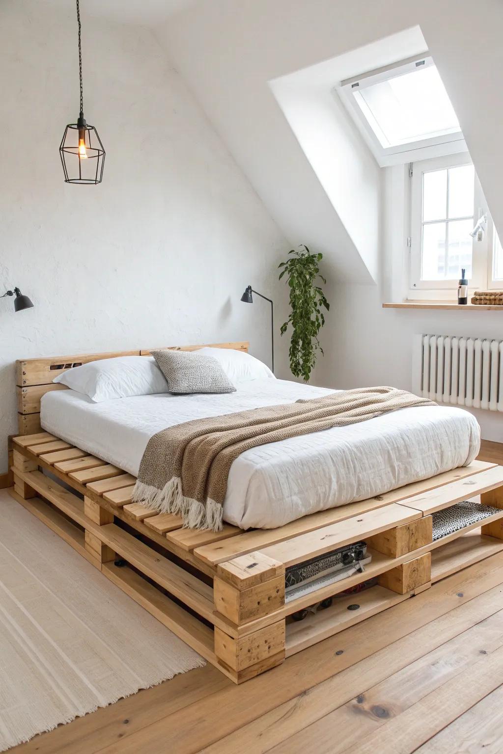 Sanded pallet platform bed: clean lines, warm wood grain, and a polished upcycled look.