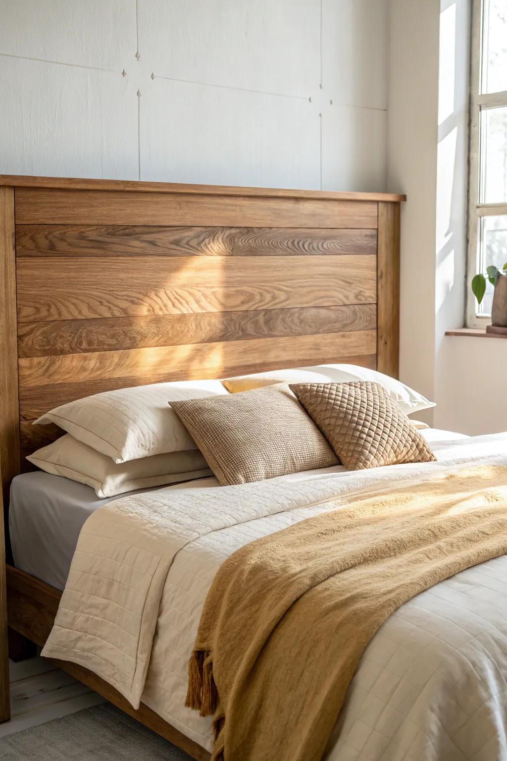Two-tone wood headboard paired with cream + tan color-blocked bedding for a designer look.