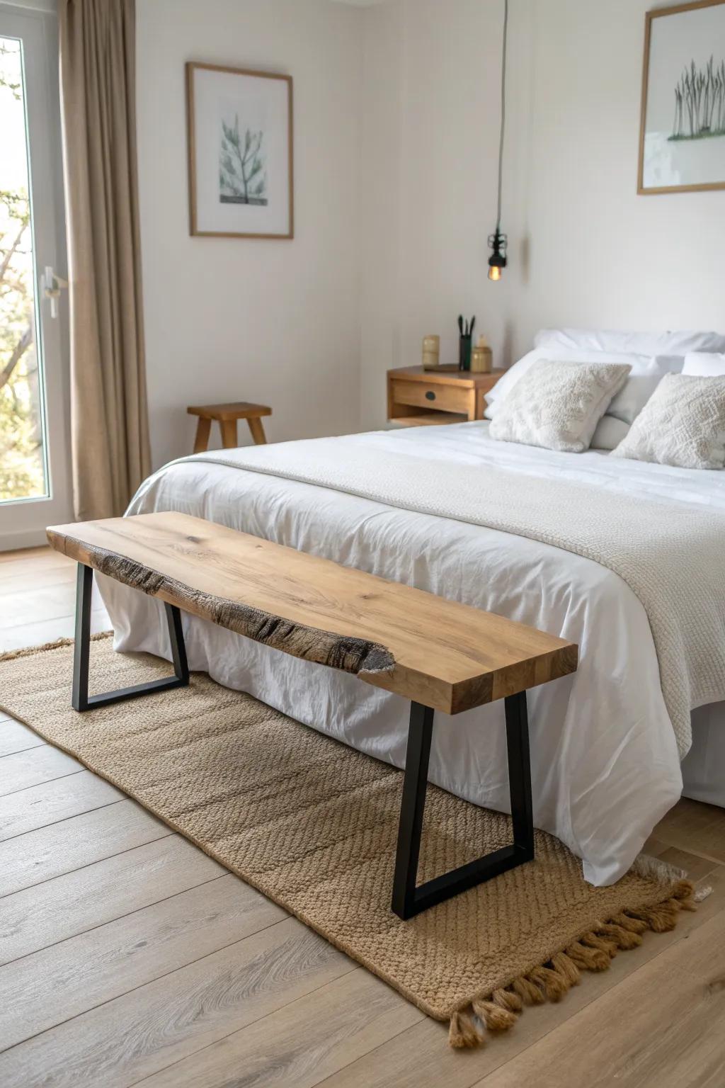 Thick wood top + sleek metal legs: a rustic-modern bench that anchors the foot of the bed.