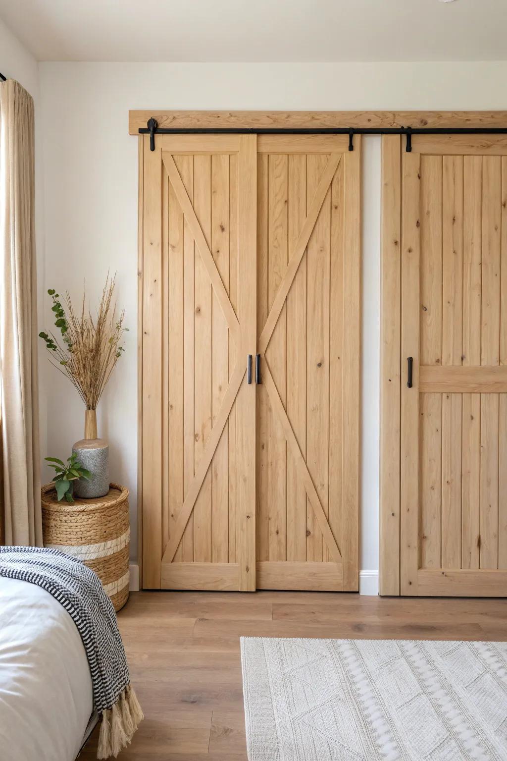 Board-and-batten closet doors add warm pine texture and crisp lines for a feature-wall look.