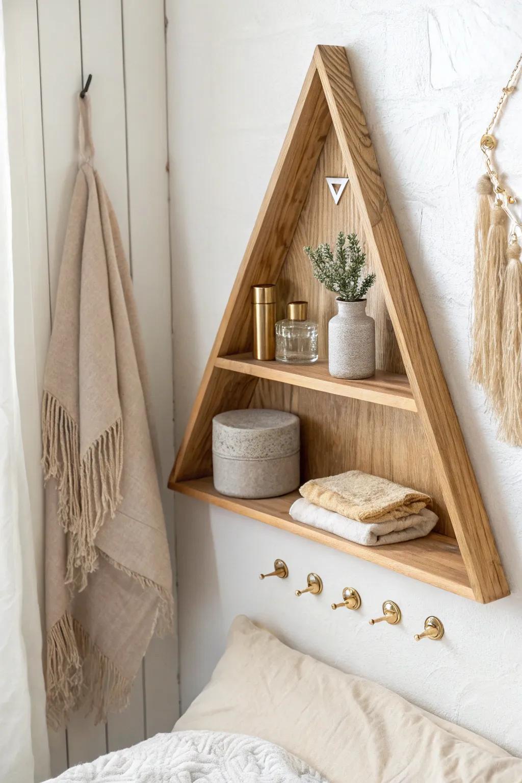 A minimalist corner shelf with brass hooks—perfect for jewelry, masks, and a robe.