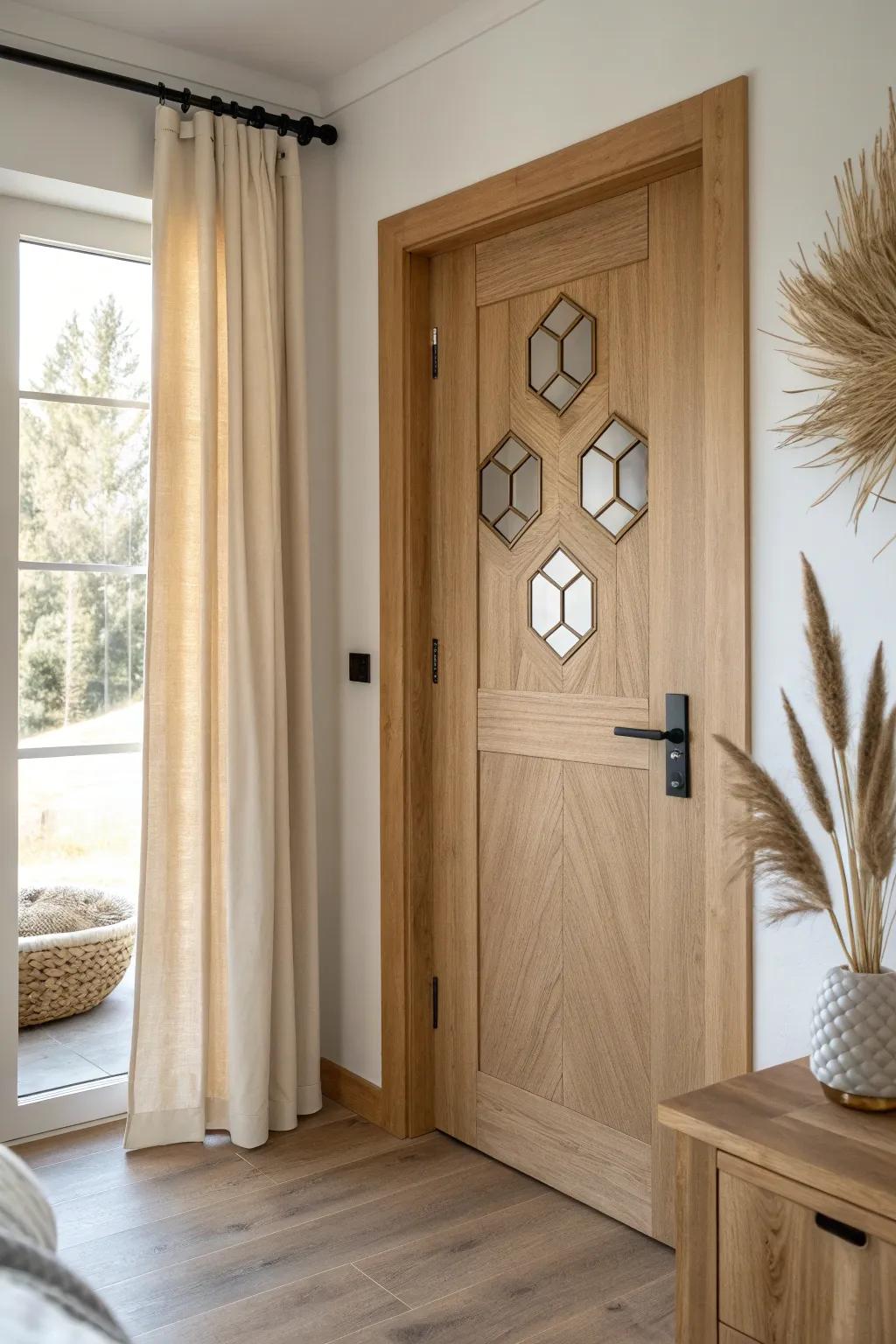 Geometric mirror tiles on a wood door to bounce light and make a small bedroom feel bigger.