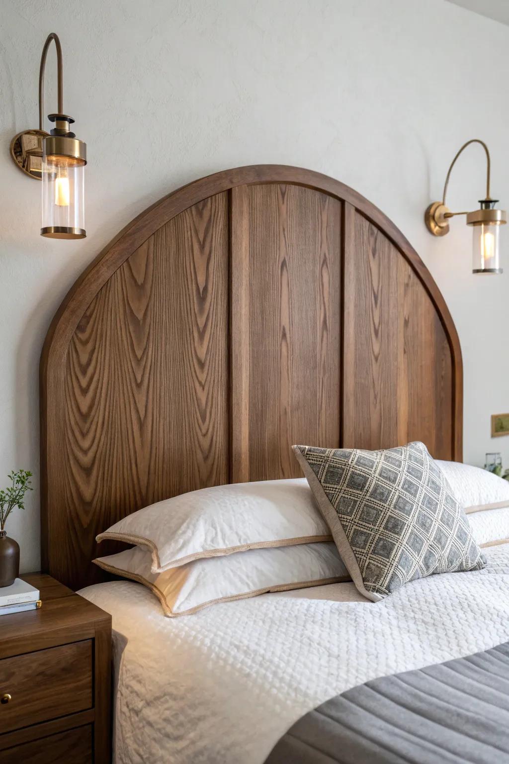 Moody stained wood headboard with warm brass sconces—cozy, minimal, and perfectly crafted.