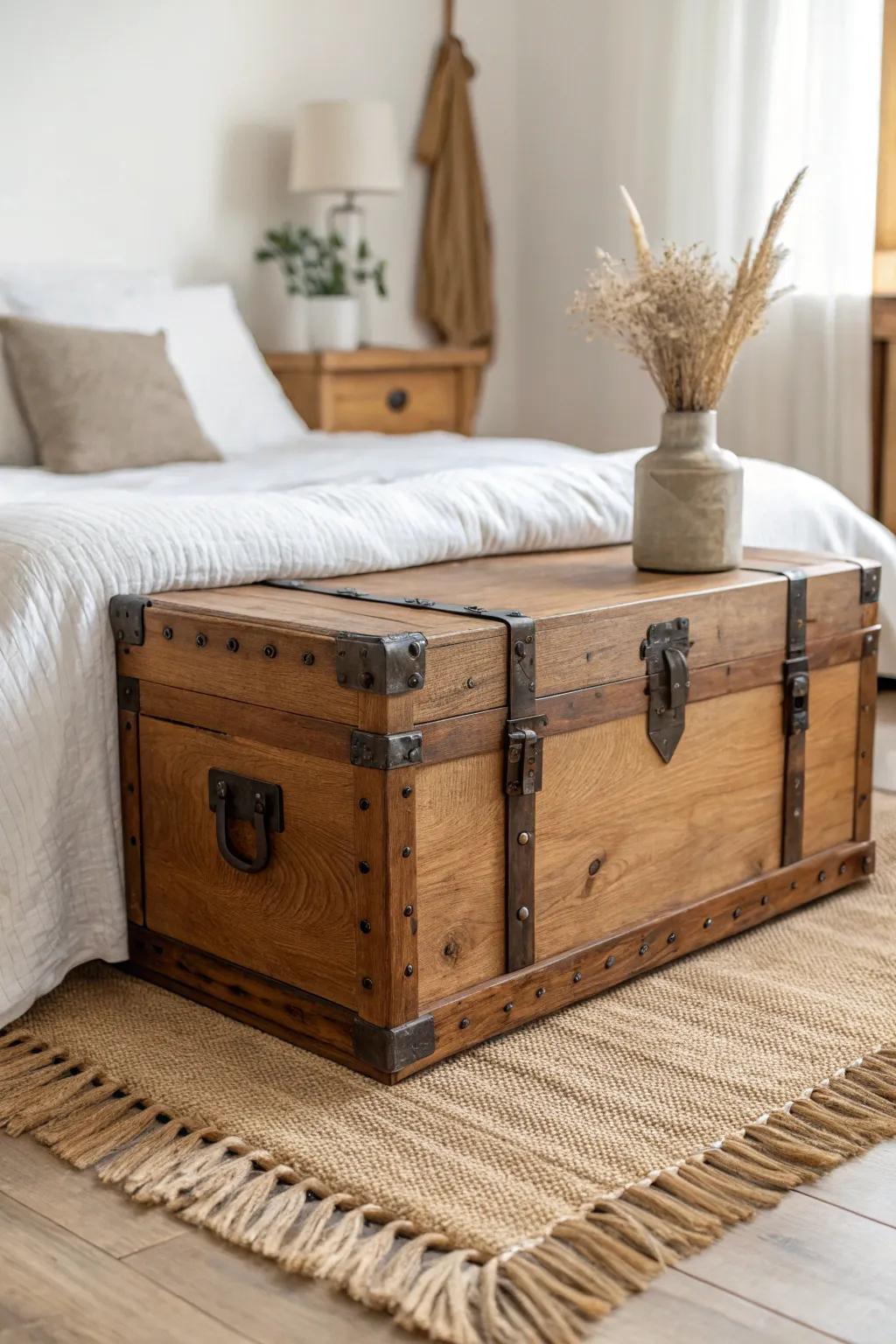 A vintage wood trunk at the bed’s foot adds cozy seating and hidden storage with character.