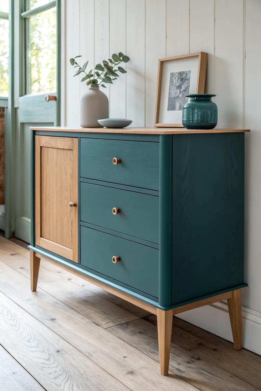 Moody painted sideboard that anchors a neutral bedroom—simple, crafted, and pulled together.