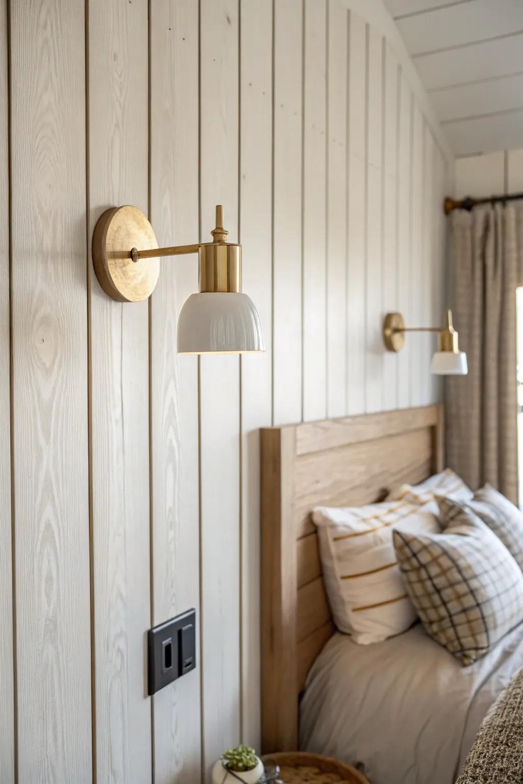 Built-in sconce on oak wall panels—polished, space-saving bedside lighting with hidden wiring.