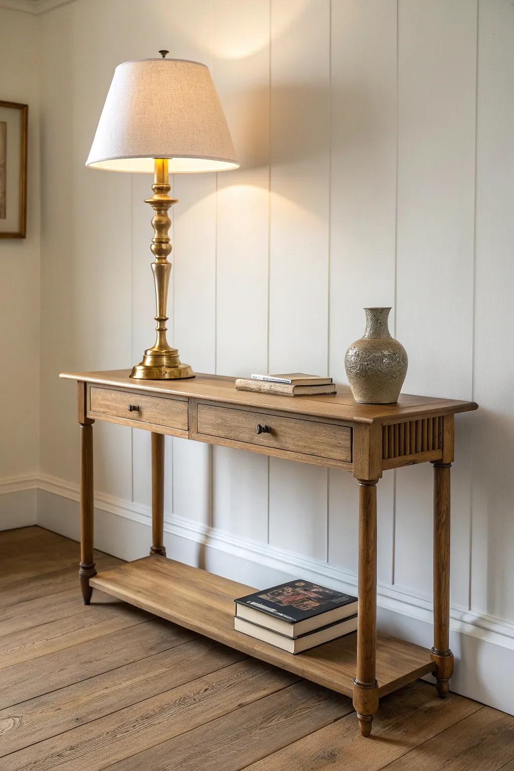 An extra-tall lamp behind the sofa turns your console table into a cozy reading nook.