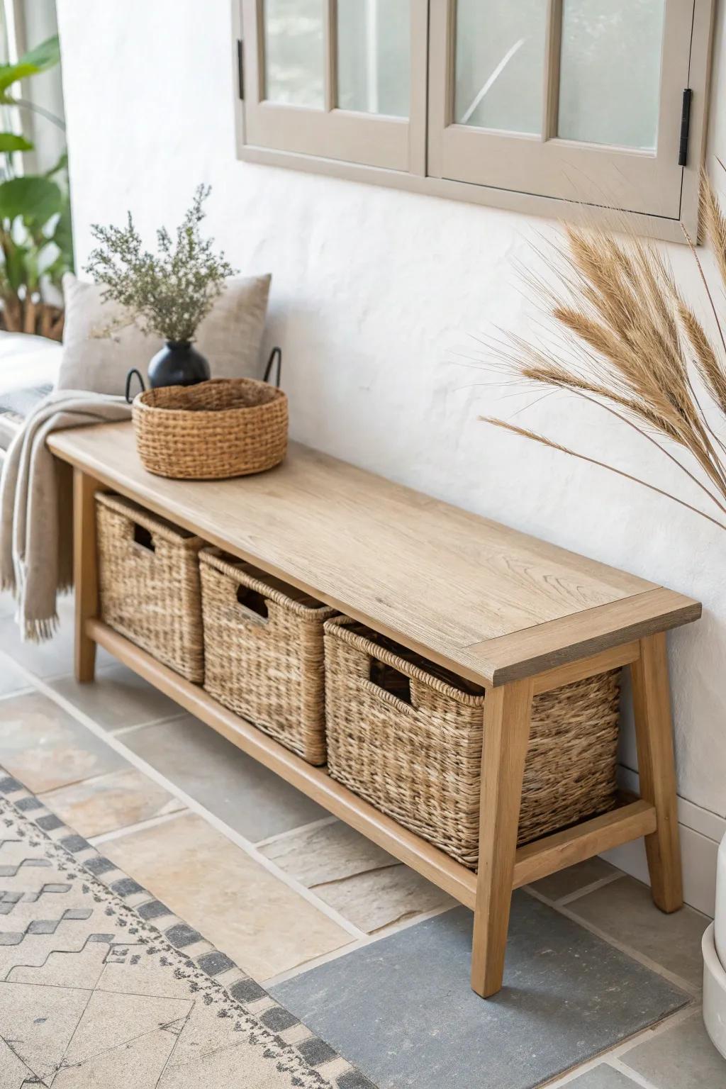 Light oak bench with pull-out crate storage—minimal, boho-soft, and beautifully practical.