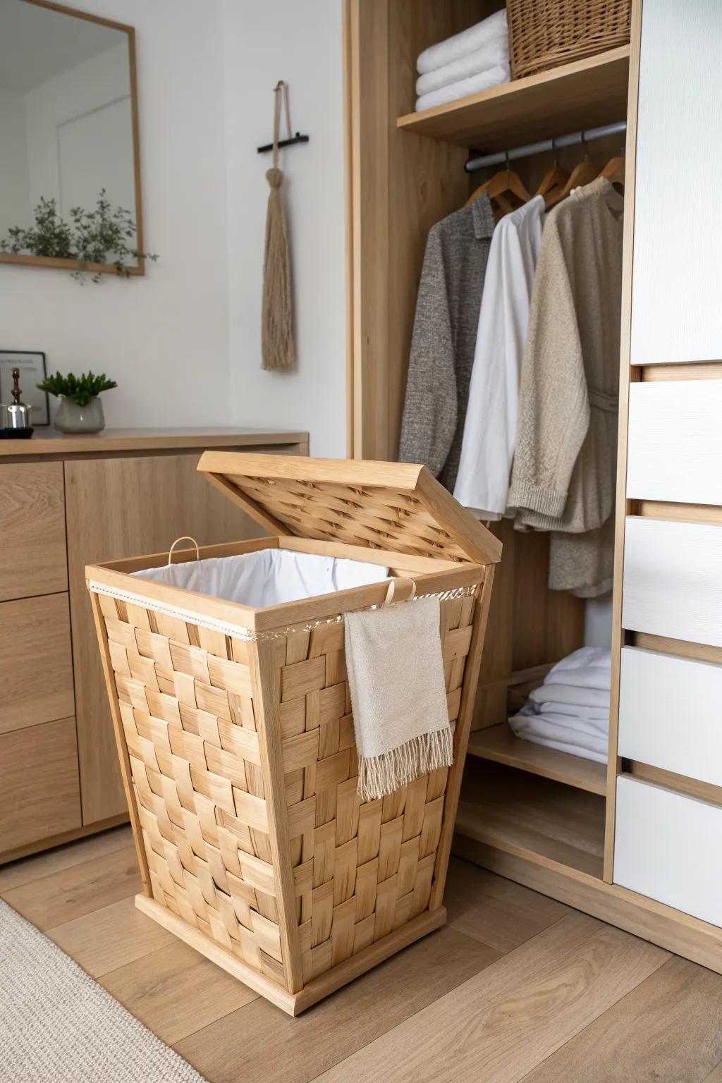 A pull-out hamper bay keeps the bifold closet’s low zone tidy, calm, and beautifully functional.