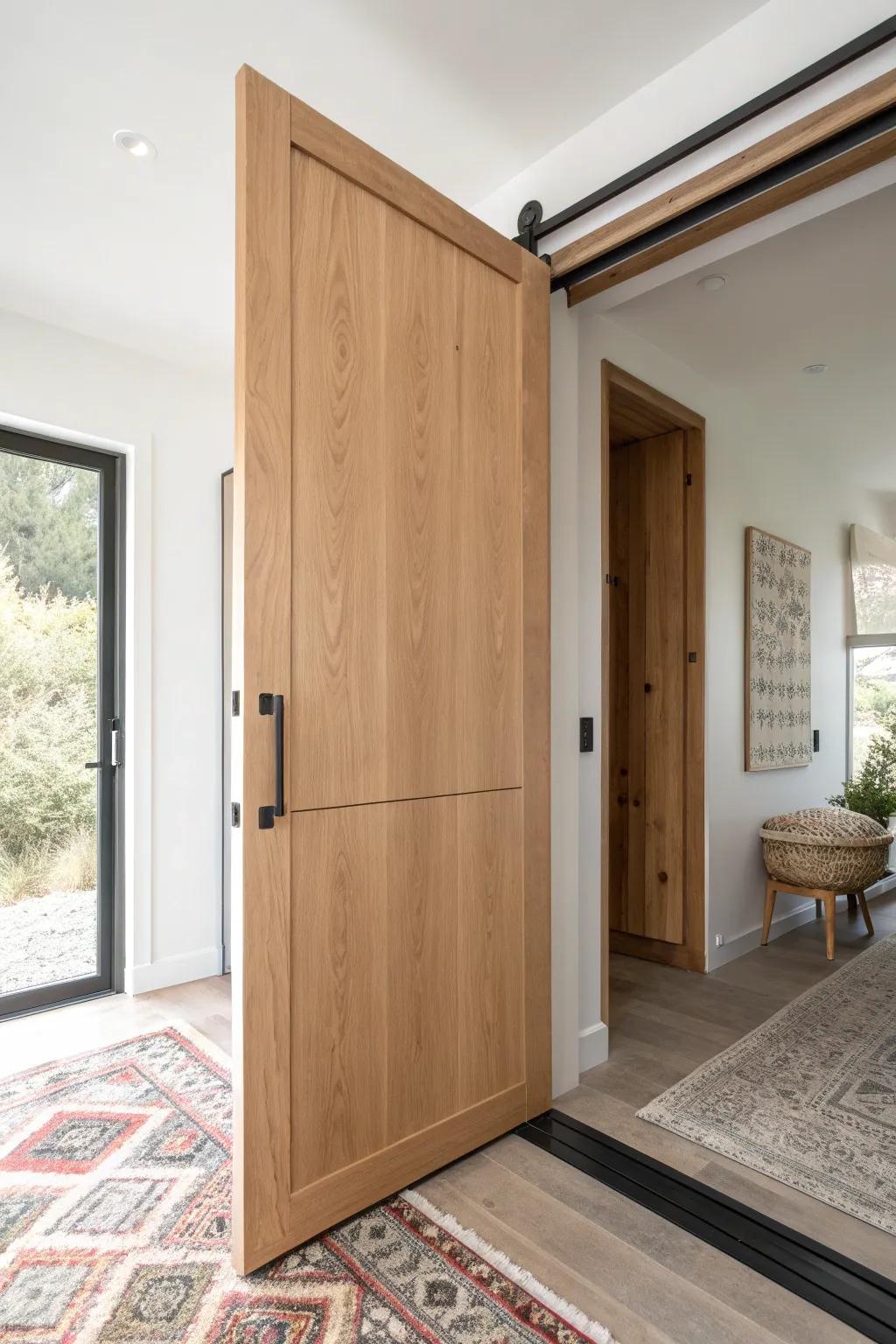 A sculptural offset pivot oak door that swings like art—minimal, bold, and beautifully crafted.