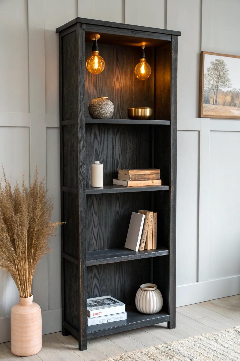 Tiny clip-on lights turn a black bookshelf into a cozy, gallery-like focal point at night.