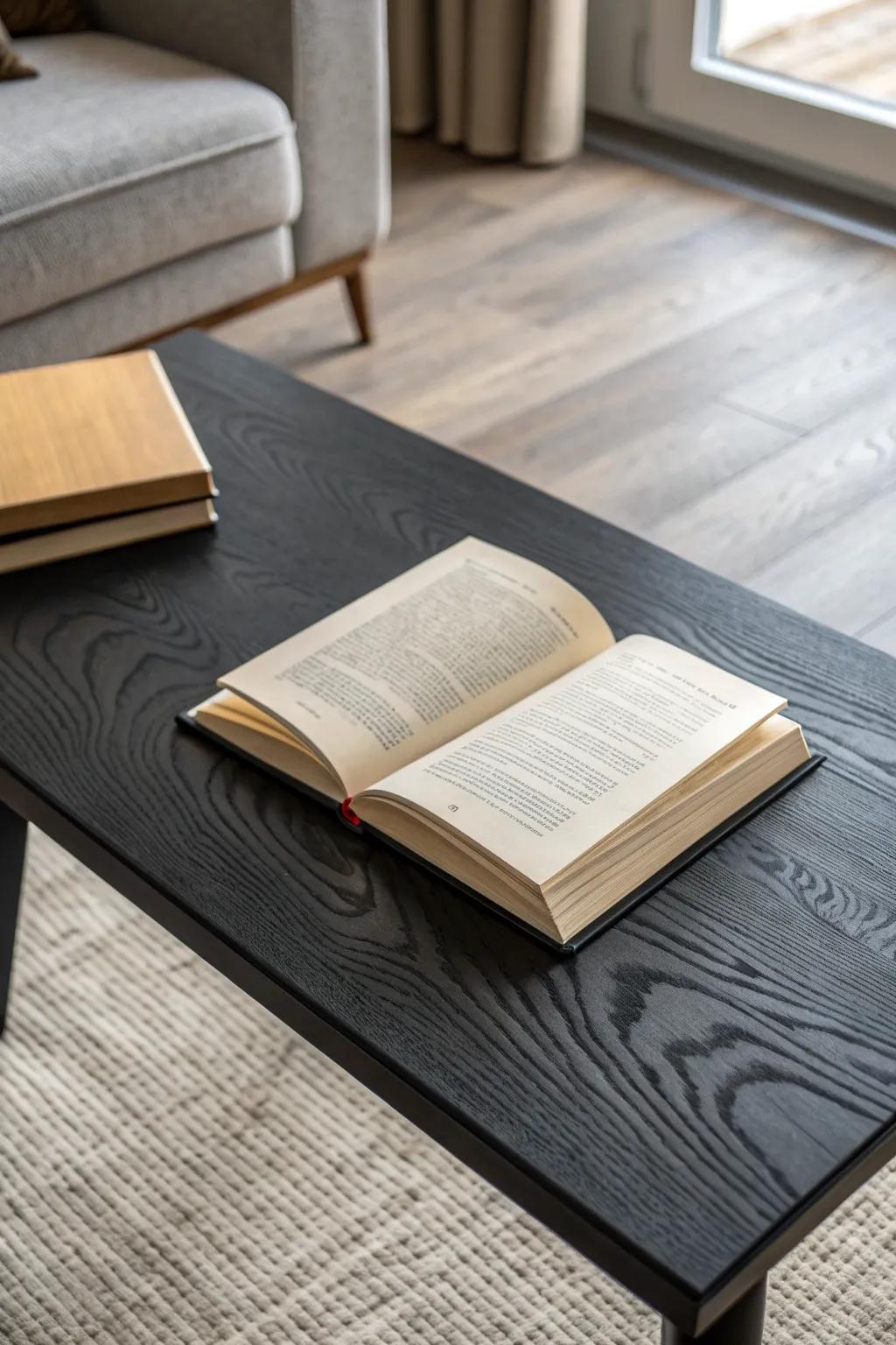 Leave one book open on your black coffee table for an inviting, light-toned, lived-in look.