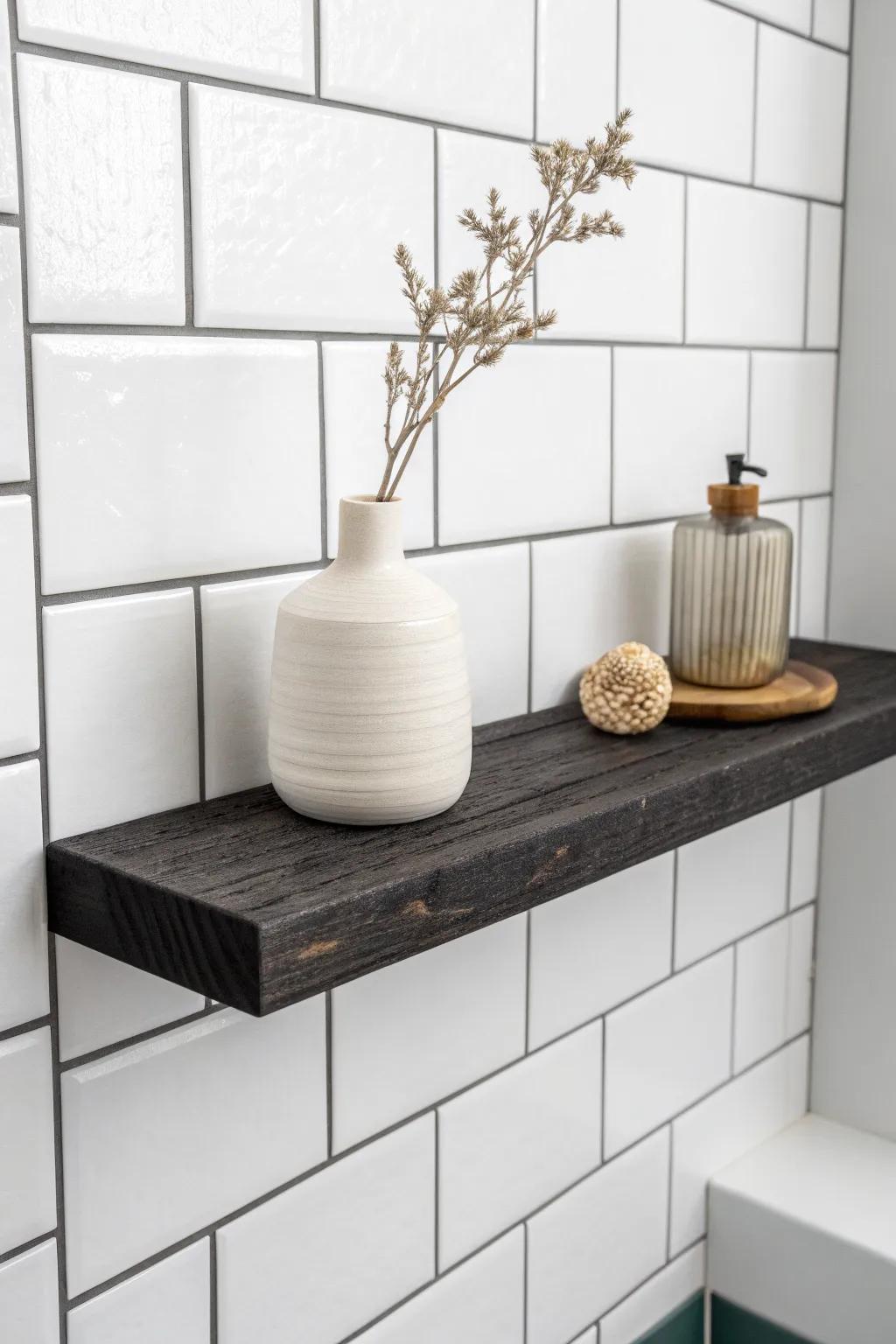 Crisp black floating shelf on bright tile—minimal, sturdy, and perfect for bath or kitchen.