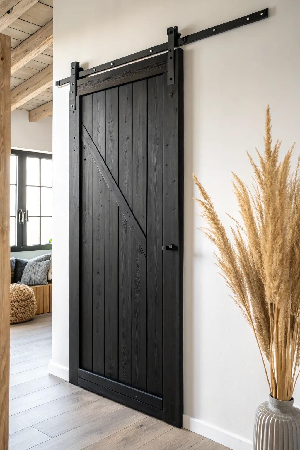 A matte-black sliding barn pantry door that saves space and turns storage into a statement.