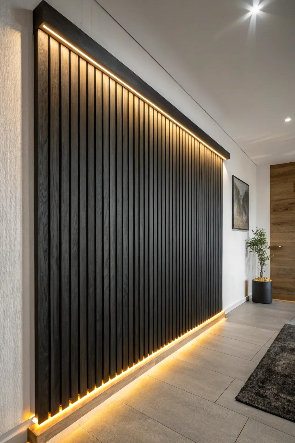 Matte black slats + a hidden warm LED glow for a moody, cozy wall with sculpted shadows.