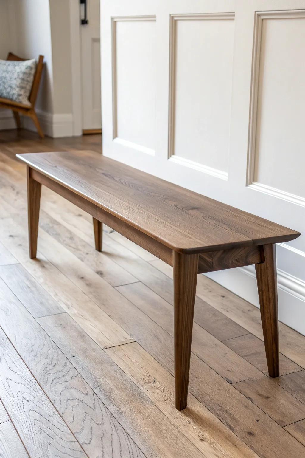 A slim black walnut bench brings rustic warmth and modern balance to your dining table.