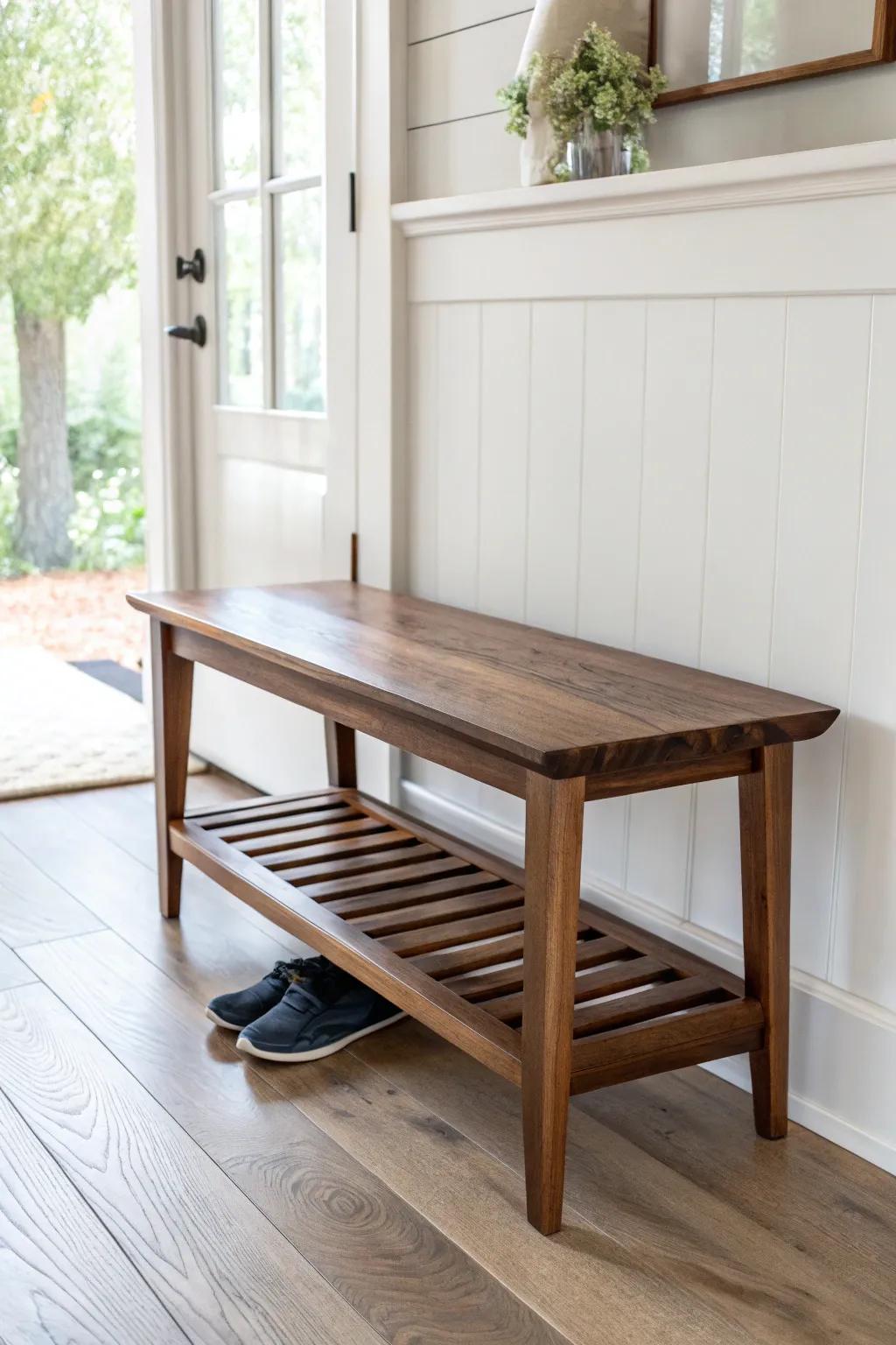 Minimal black walnut entry bench with slatted shoe shelf—sleek, sturdy, and timeless.