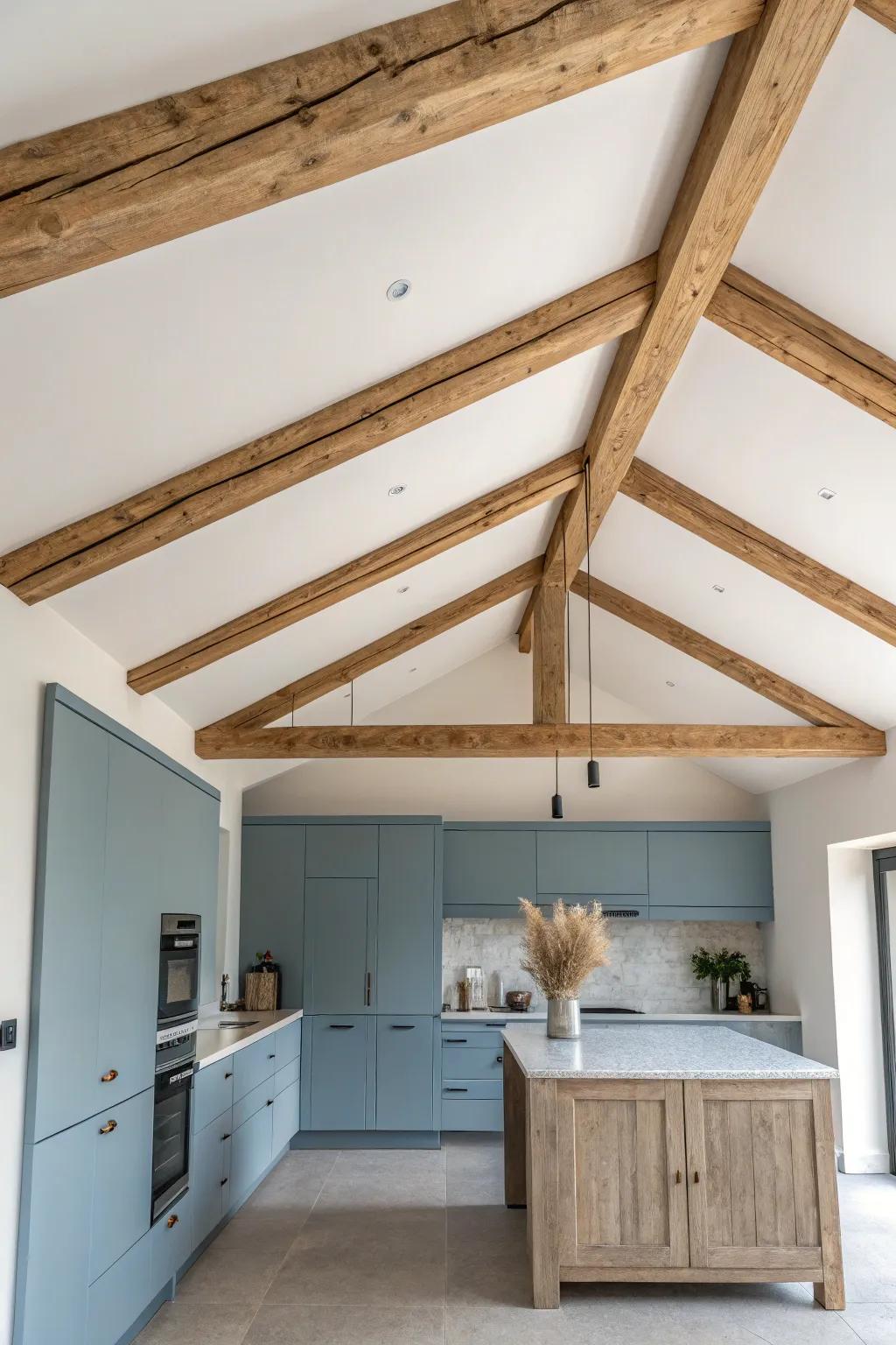 Dusty blue ceiling + warm oak beams for a cozy cabin feel—clean, modern, and bright.