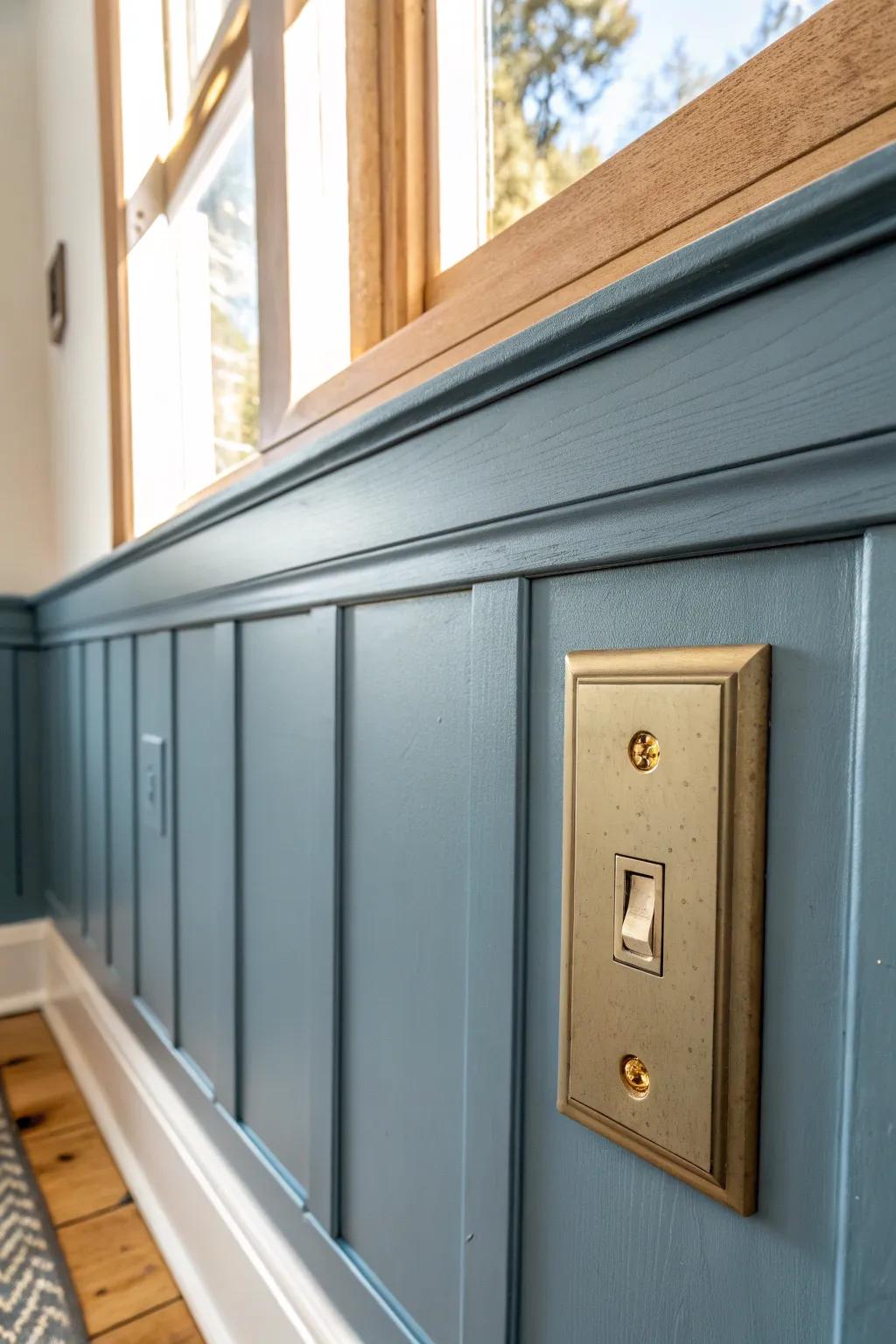 Dusky blue wainscoting + aged brass details—simple, warm, and beautifully crafted.